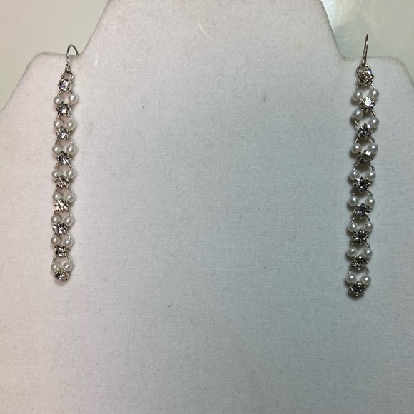 Silver tone women pearl and white rhinestone long drop earrings. Used. - Picture 2 of 5